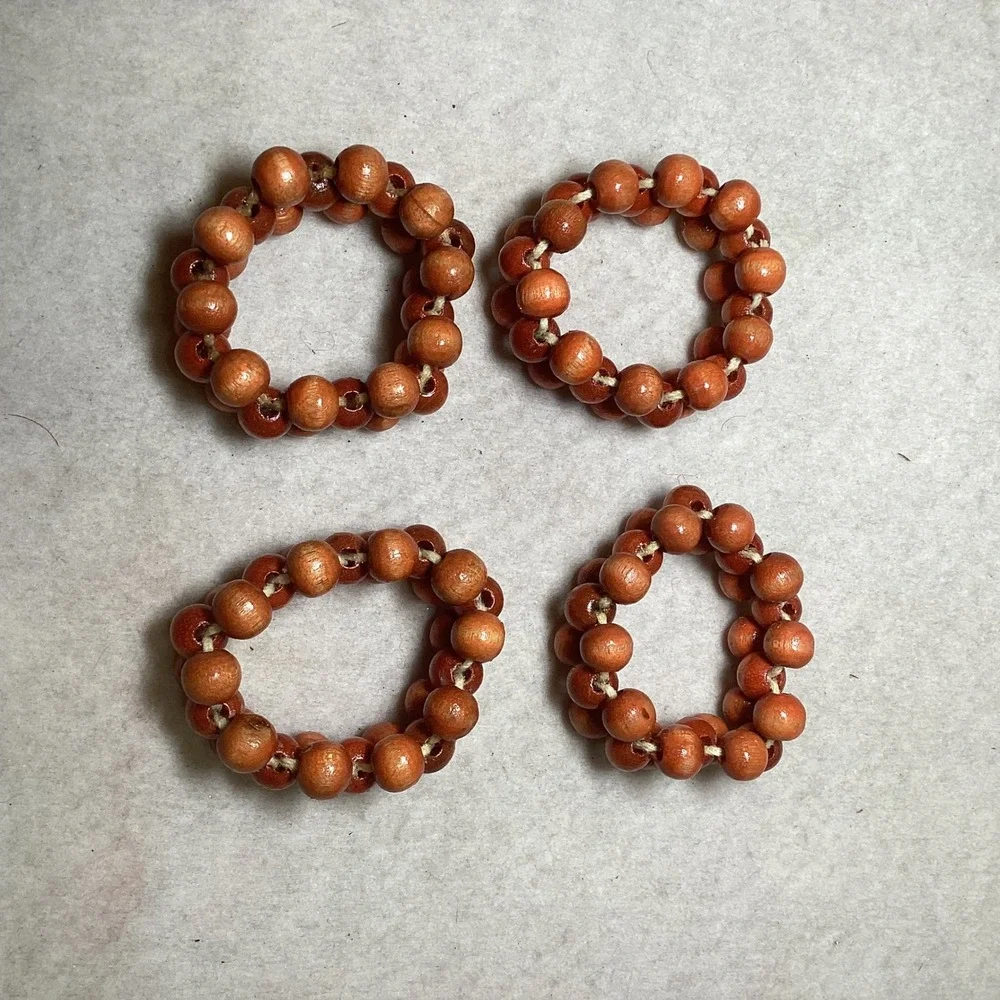 Vintage Set of 4 Beaded Wood Napkin Rings Brown Boho Rustic Table Decor
